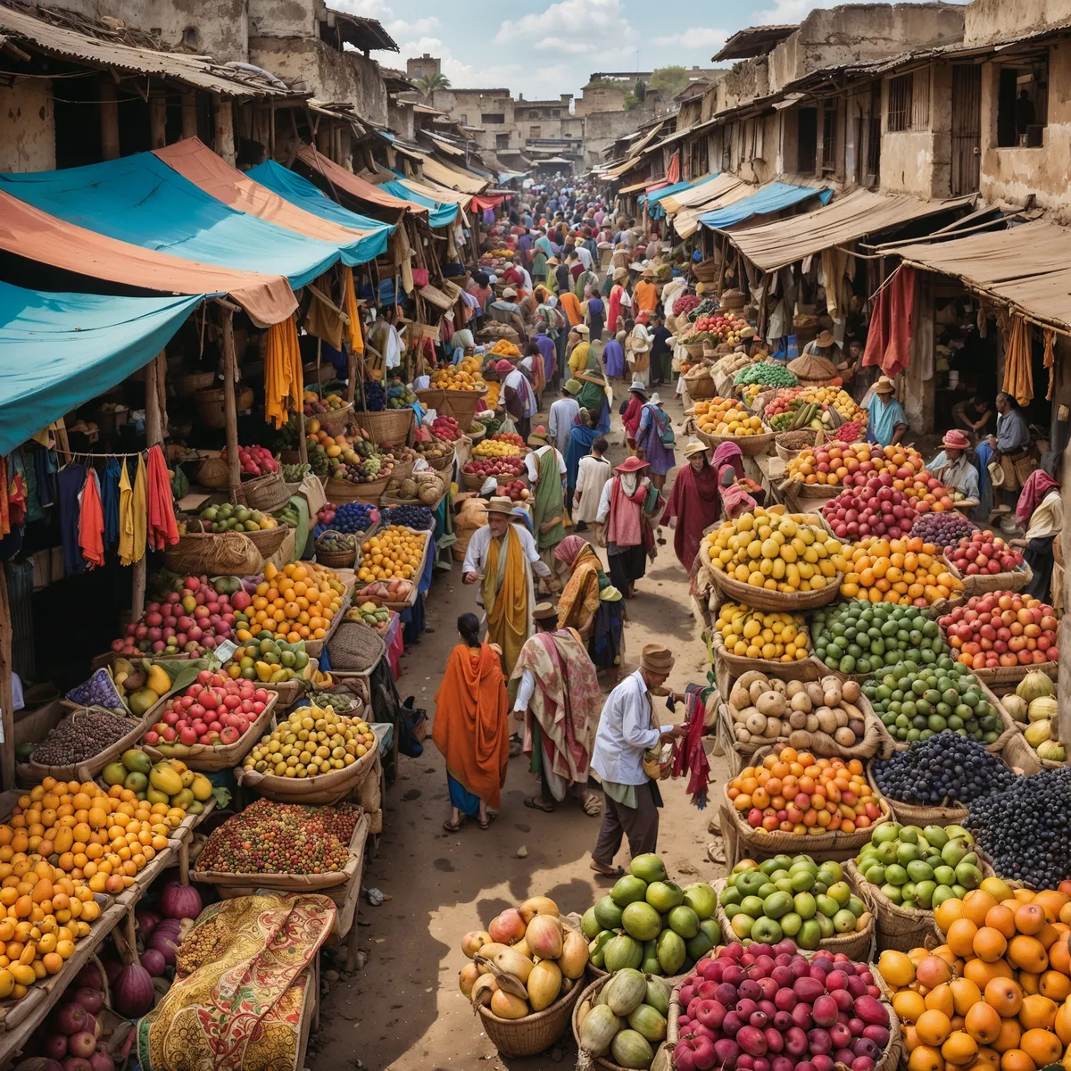 A bustling marketplace with crowds of people surrounded by baskets of colorful exotic fruits and vibrant textiles under shaded awnings.