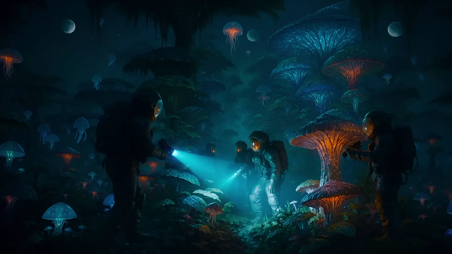 Astronauts Exploring Alien Forest with Bioluminescent Mushrooms - AI ...