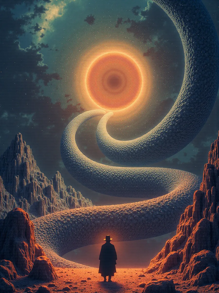 A surreal fractal landscape with a glowing orange singularity in the sky, enormous textured spirals extending upwards, and a mysterious cloaked figure standing on a rocky desert ground at night.