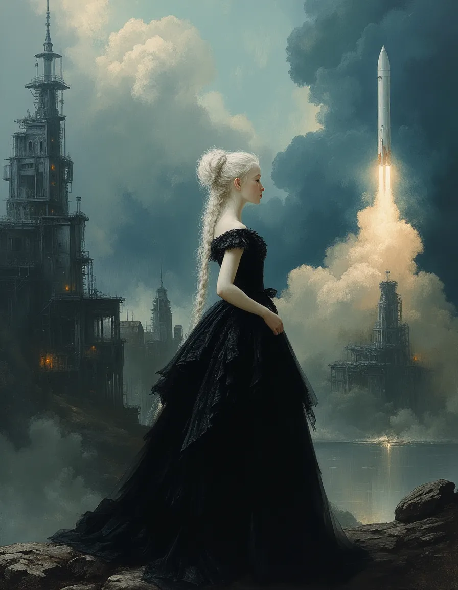 A serene futuristic princess with white hair in an elegant black silk gown standing near a large industrial complex as a rocket launches against storm clouds in the sky.
