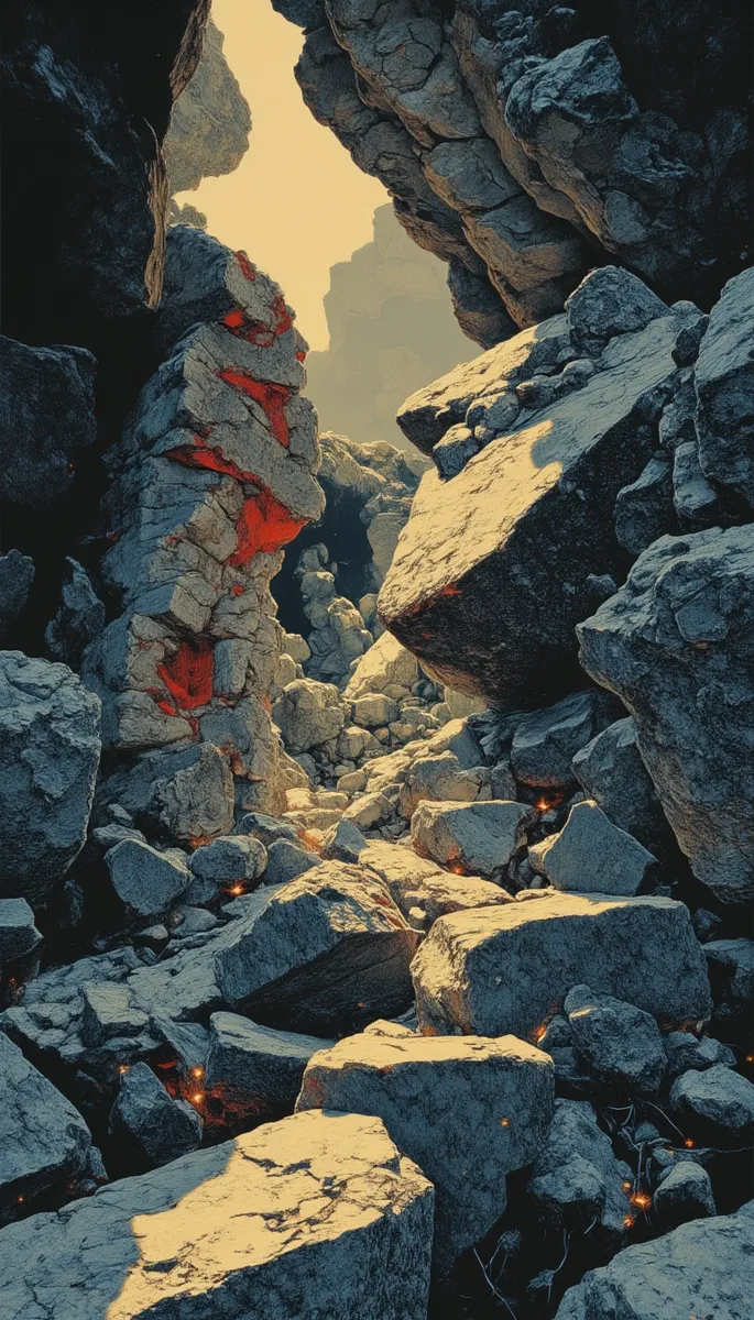Eine detaillierte Felsformation mit dramatischer Beleuchtung und Tiefenschärfe, die strukturierte Felsen mit leuchtend roten Flecken und schwachen Funken inmitten einer nebligen, außerweltlichen Atmosphäre zeigt.