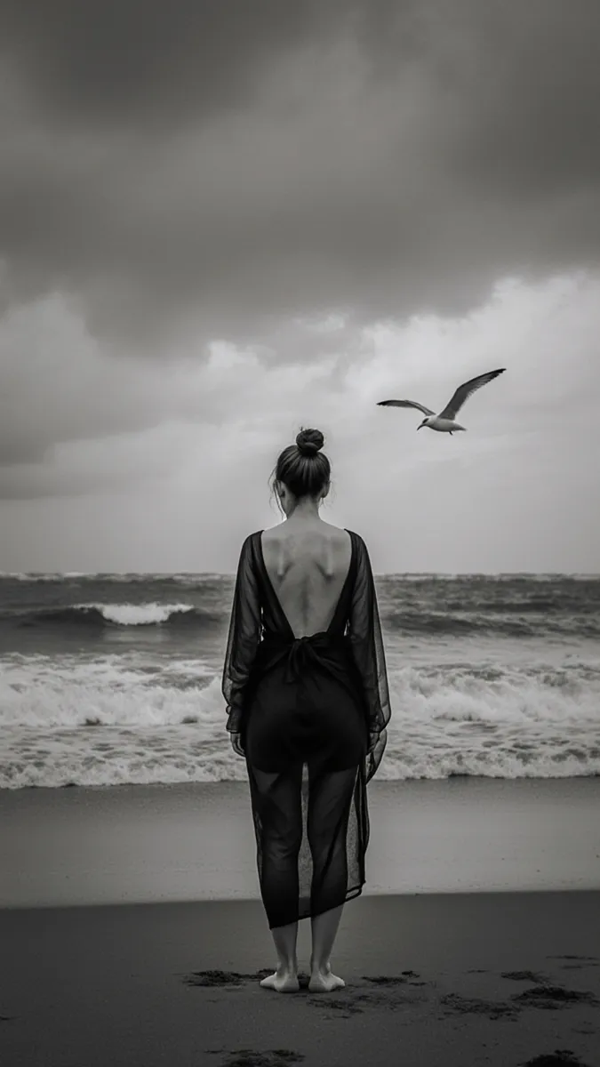 Black and White Photo of Woman on Beach - AI Image Gallery | Diffus
