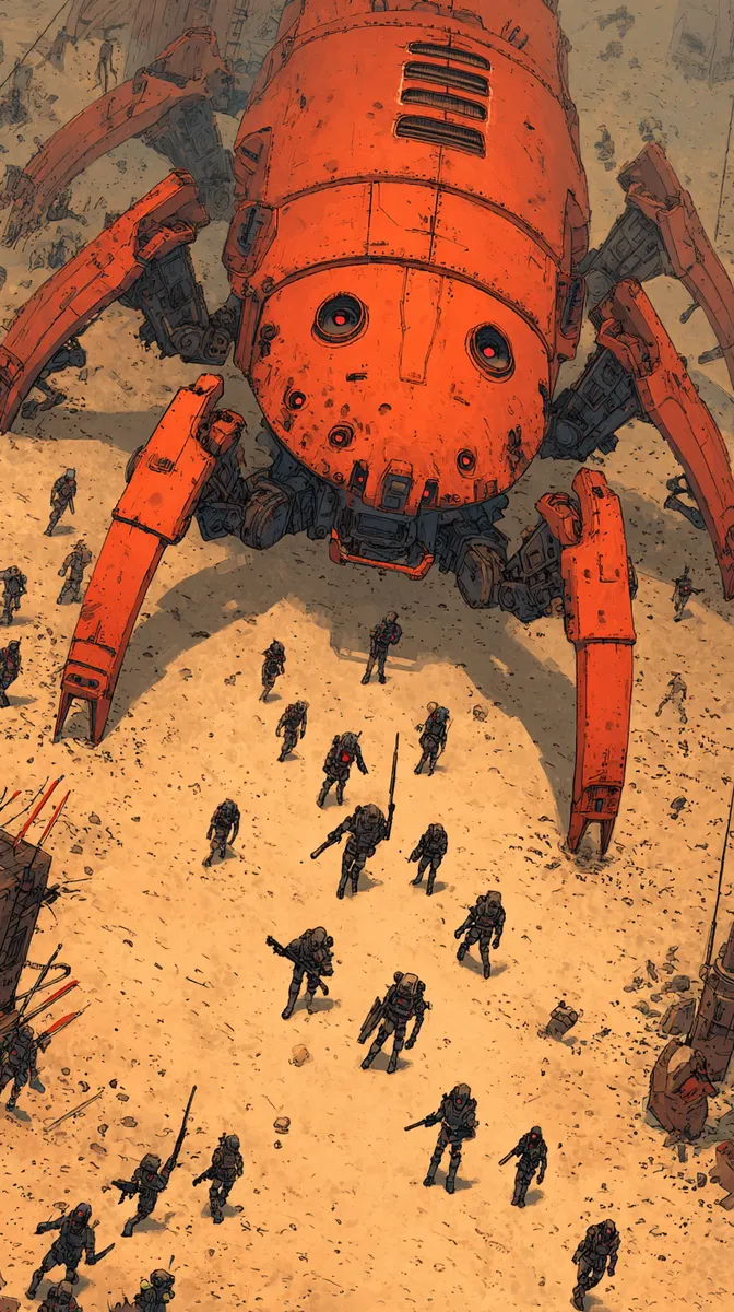 A Mobius-inspired giant orange mech walker with spider-like legs descending onto desert terrain surrounded by deploying space marines in tactical gear.
