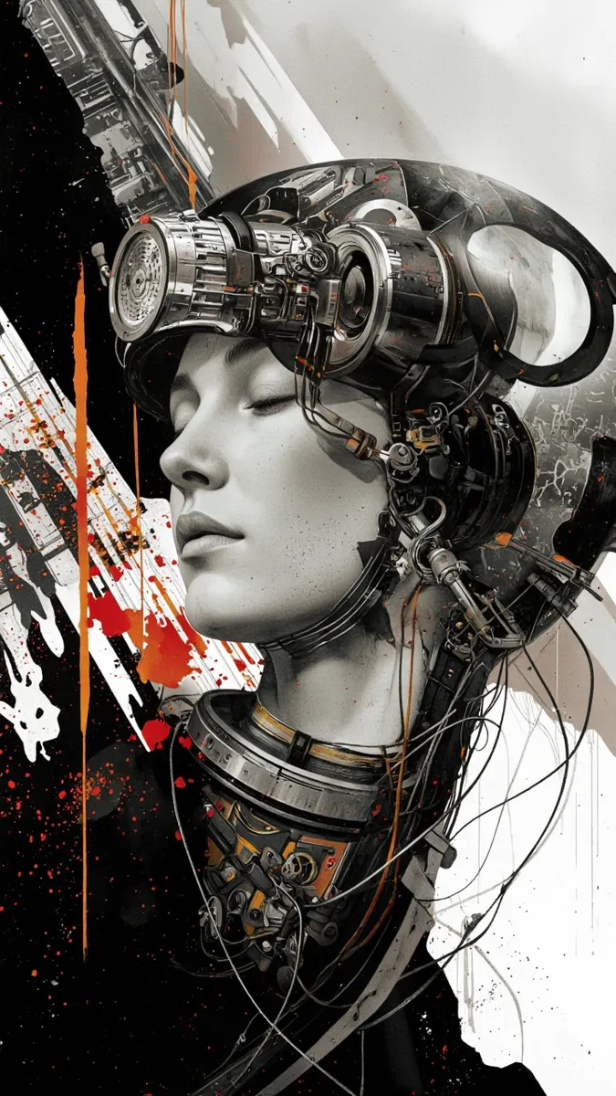 Ritratto digitale futuristico di una cyborg femminile con occhi chiusi che indossa un elmo meccanico complesso con fili e ingranaggi, su uno sfondo astratto nero, bianco e rosso.