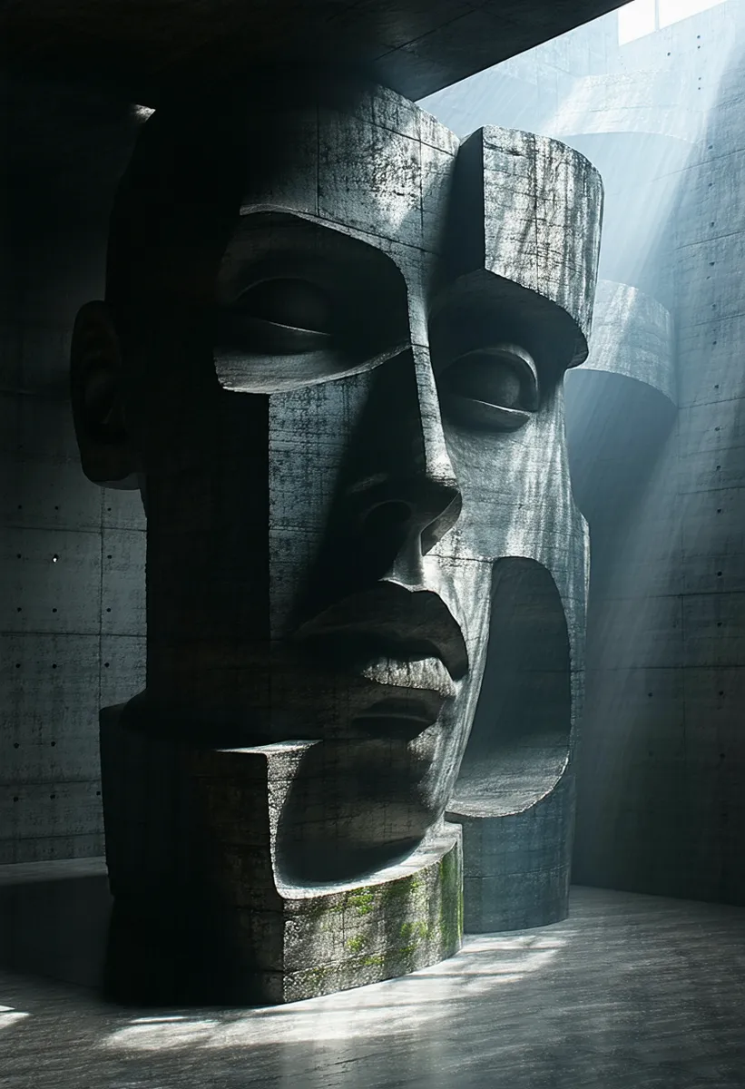 A colossal abstract sculpture with brutalist texture illuminated by dramatic directional lighting inside an industrial space with a shadowy swirling background.