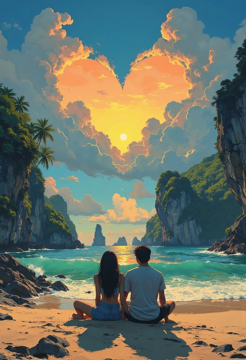 Romantic couple sitting on Koh Yao Noi beach at sunrise, facing a heart-shaped cloud formation above the turquoise ocean surrounded by rocky cliffs and palm trees.