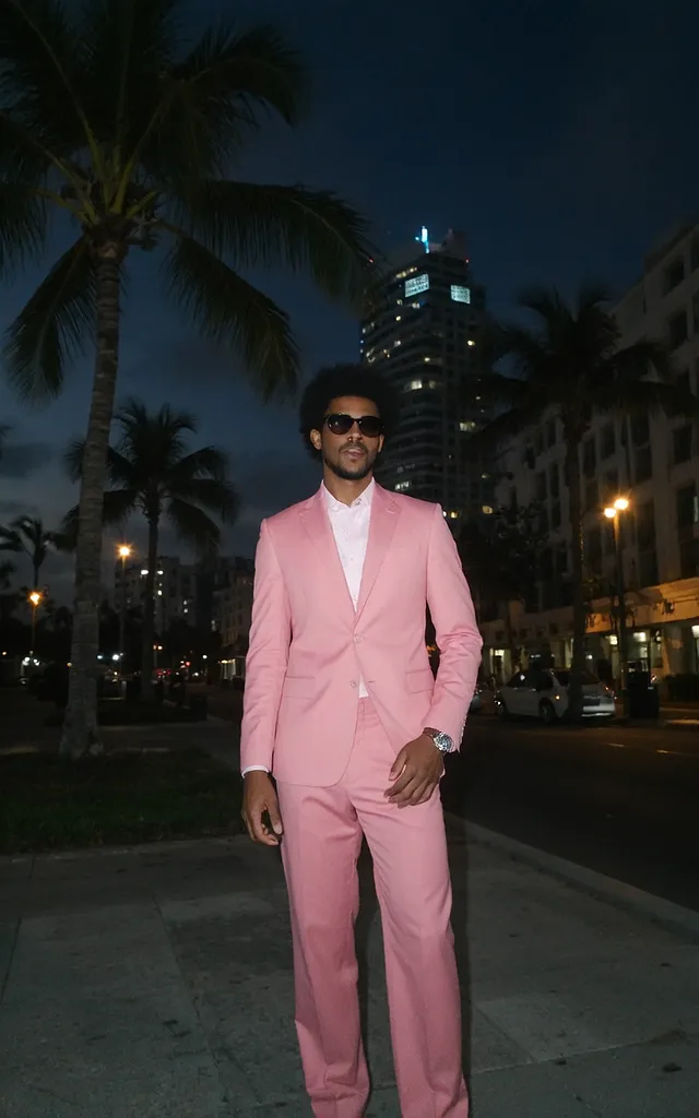 African American man with afro and sunglasses wearing a pink suit standing on a Miami street at night with palm trees and neon-lit skyscrapers in the background, viewed from a low angle.