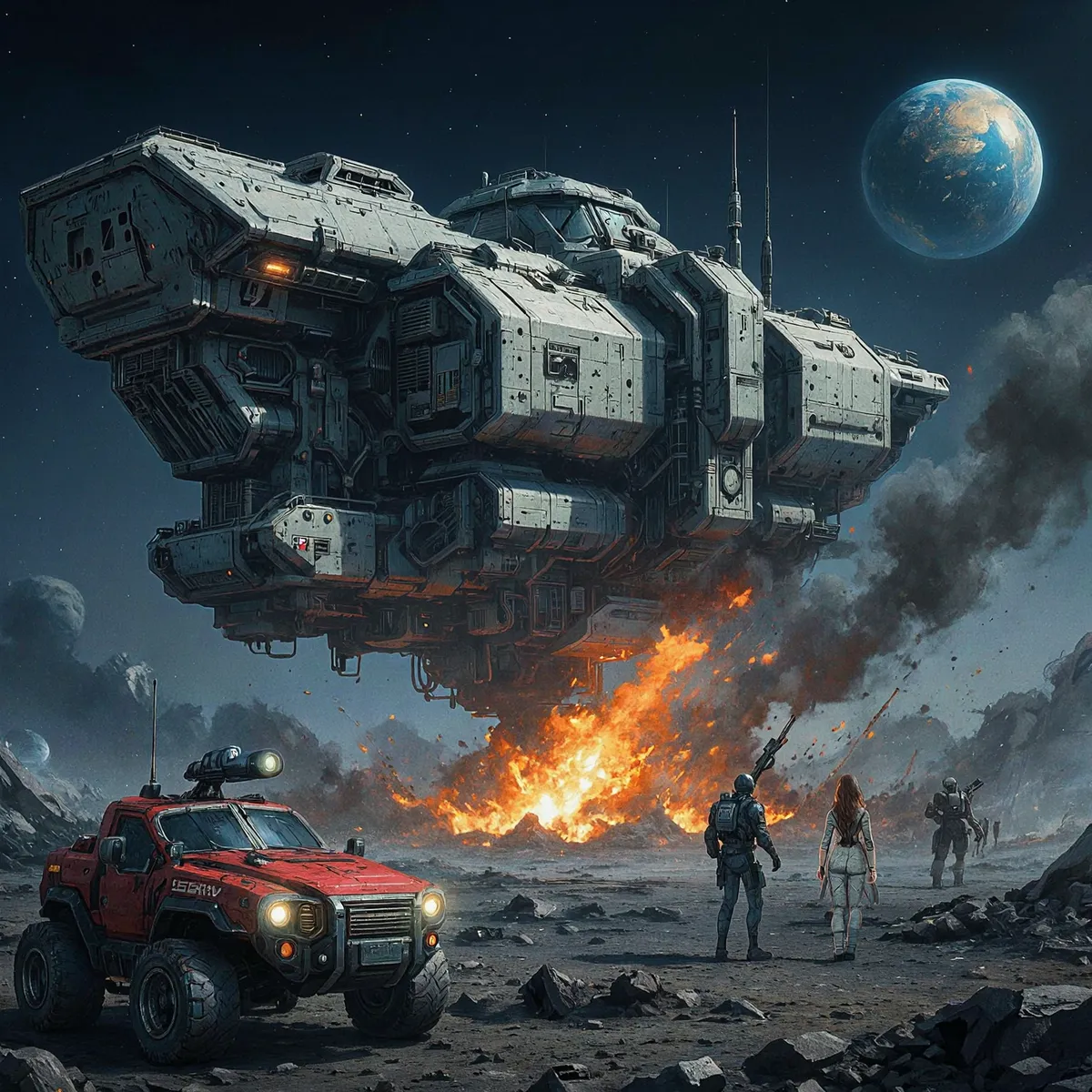 Futuristic spaceship hovering above a barren landscape with a large explosion in the background, a red vehicle in the foreground, and armed space soldiers nearby under a starry night sky.