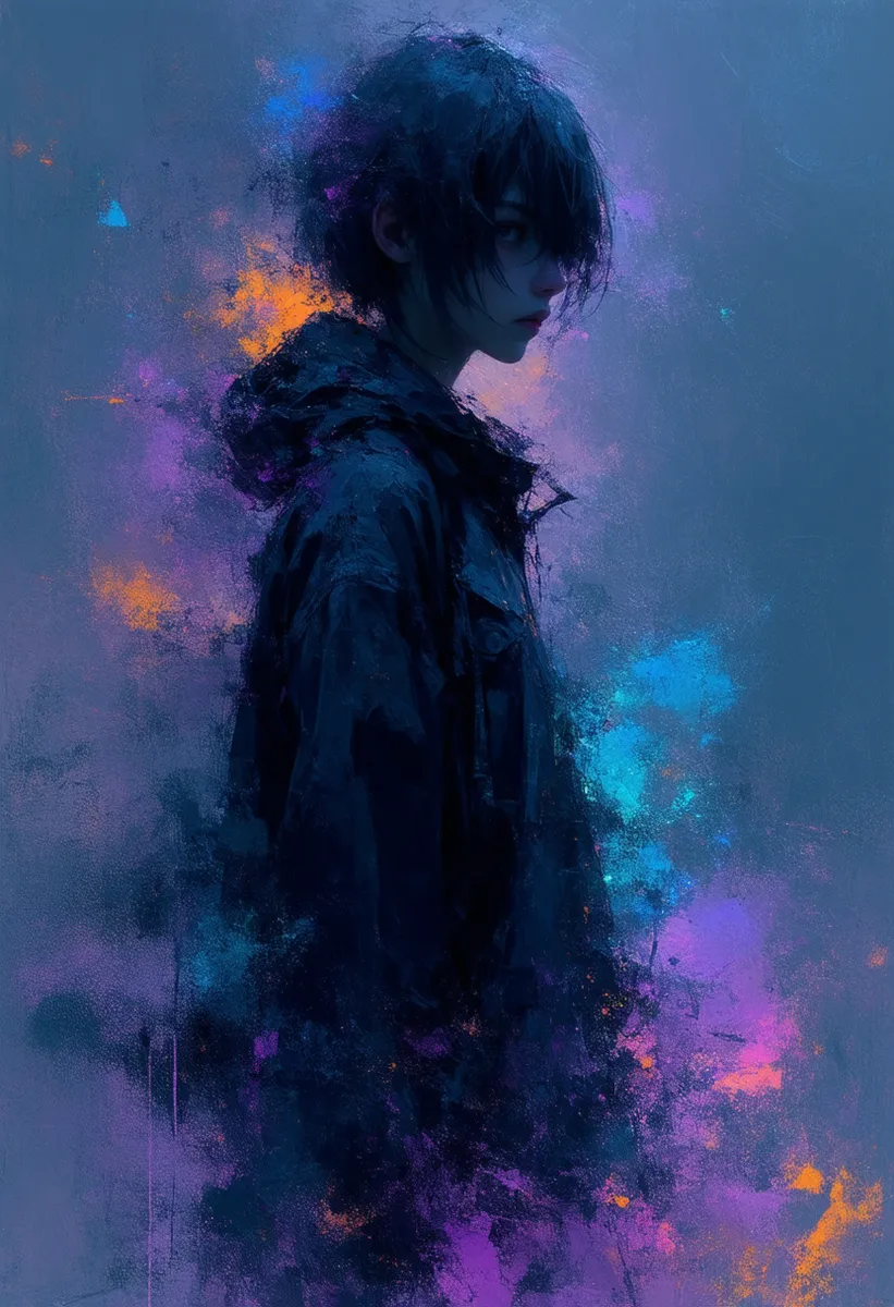 Anime-style young person with dark hair, rendered in a fragmented digital and abstract expressionist style with electric blue, orange, and purple hues blending around their dark outfit against a blue-toned background.