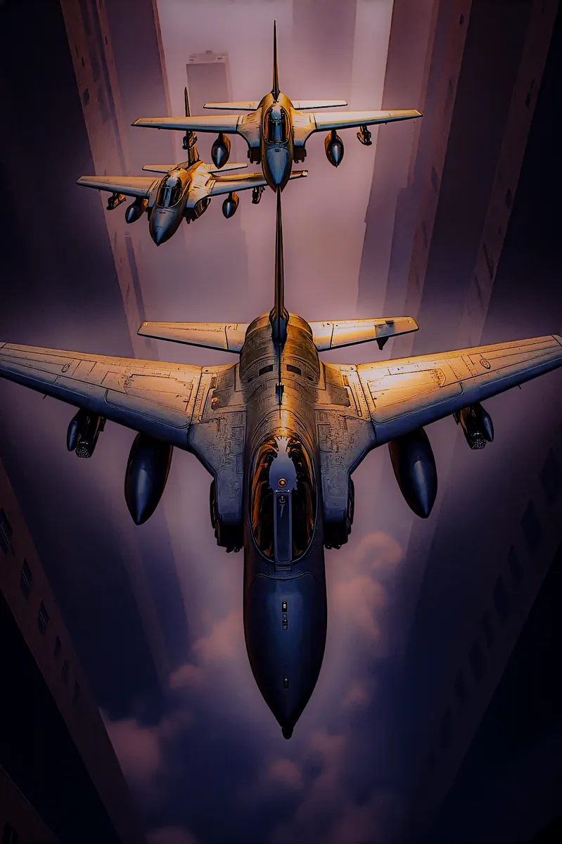 Three steel-colored fighter jets flying in tight formation through a narrow urban canyon with dramatic sunset lighting.