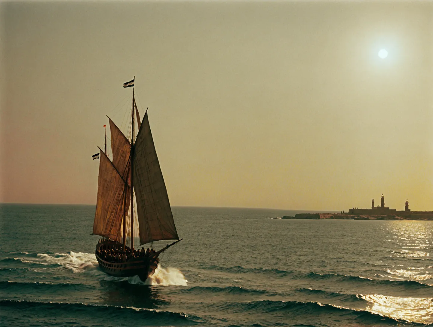 Antica barca di legno che naviga sulle acque oceaniche vicino al Faro di Alessandria sotto un'illuminazione cinematografica drammatica al tramonto.