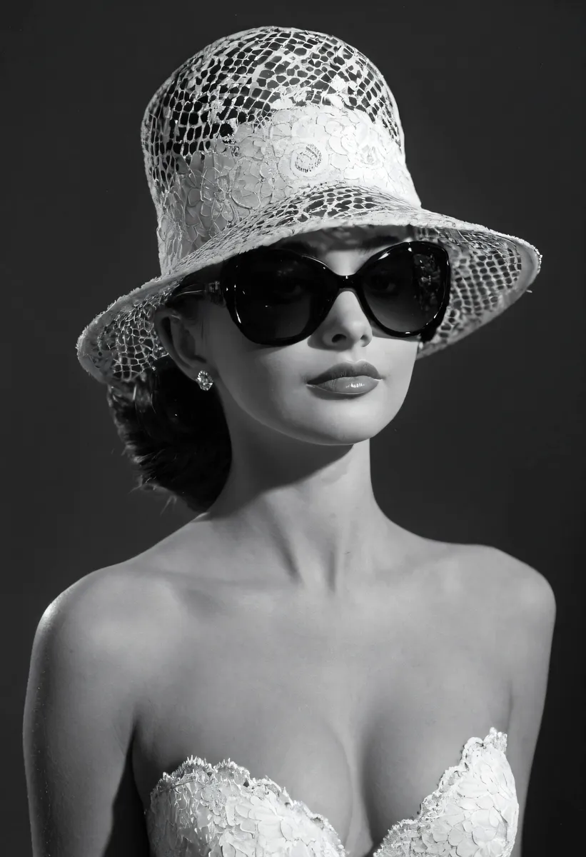 Black and white portrait of an elegant woman from the 1950s wearing a lace hat, sunglasses, and a strapless lace dress, exuding vintage glamour and sophistication.