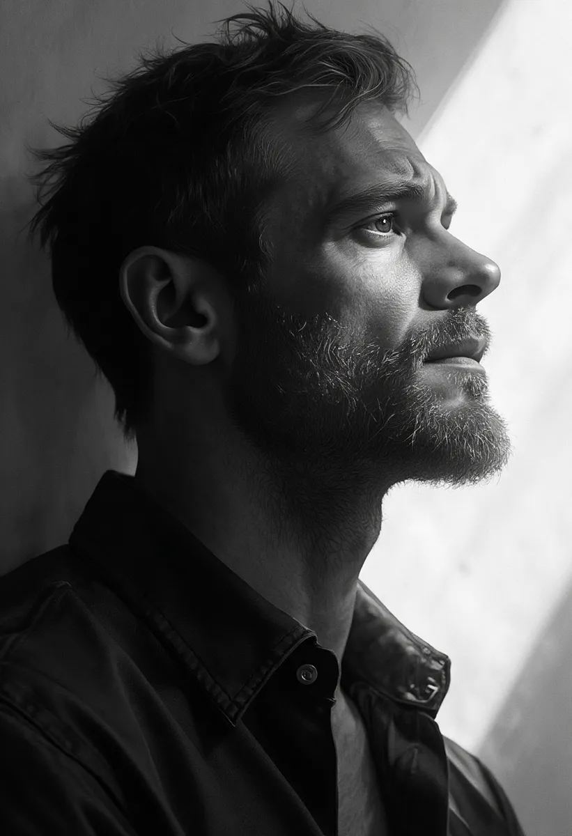 Black and white high-definition portrait of a handsome man with a beard and shadow, captured in a minimalist and realistic style with sharp contrast shading.