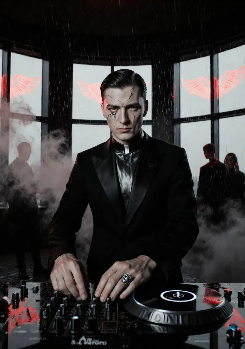 A DJ wearing a black suit with a crackle-pattern design on his face stands behind a vinyl mixer. Red illuminated wings glow on rain-soaked windows behind him, surrounded by smoke and shadowy party figures.