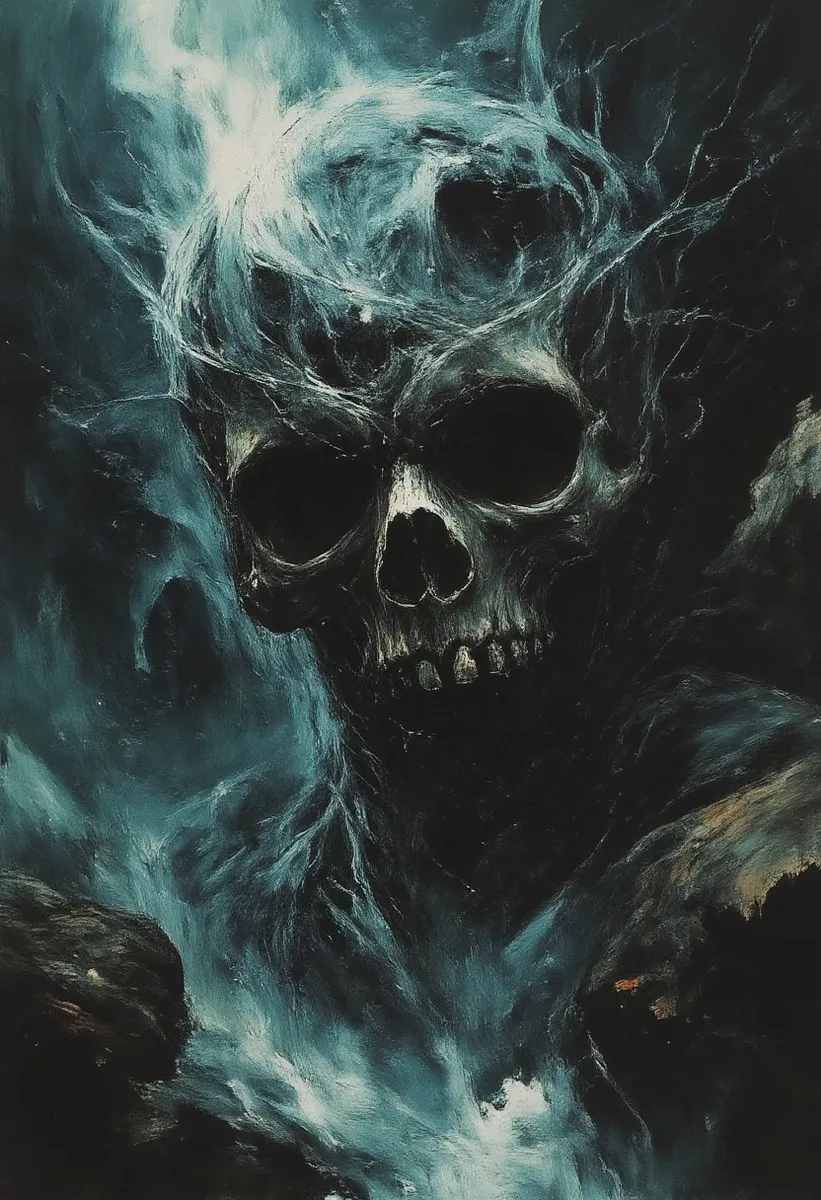 Dark surreal artwork of a large skull emerging from swirling oceanic waves with ethereal, misty lighting and dramatic painterly effects.