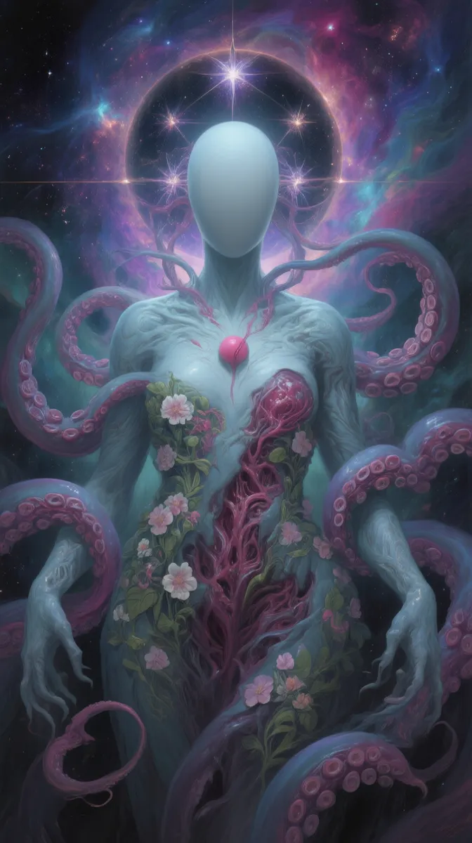 Ethereal faceless primordial goddess with fused floral and flesh motifs, surrounded by tentacles amid a cosmic nebula of vibrant colors.