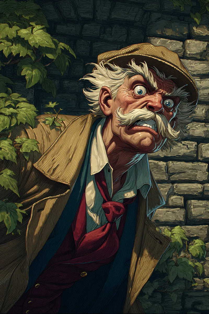 A furious elderly man with wild white mustache and flyaway hair, wearing a flat cap, tan trench coat, and loosened red tie, leaning from ivy by a gray stone wall, illustrated in crosshatched engraving style with woodcut texture and muted Victorian colors.