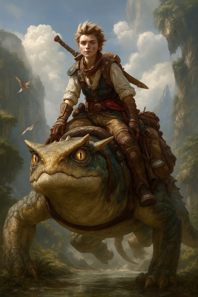 A young rider clad in weathered leather gear and a scarf astride a gigantic toad, moving through a misty canyon river with sheer cliffs under golden-hour light and drifting swallows.
