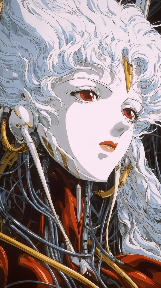 A detailed anime-style cyborg queen with flowing white hair and curly bangs, dark red eyes, gold cables integrated into her design, and cel-shaded in a 1990s cyberpunk fantasy style.