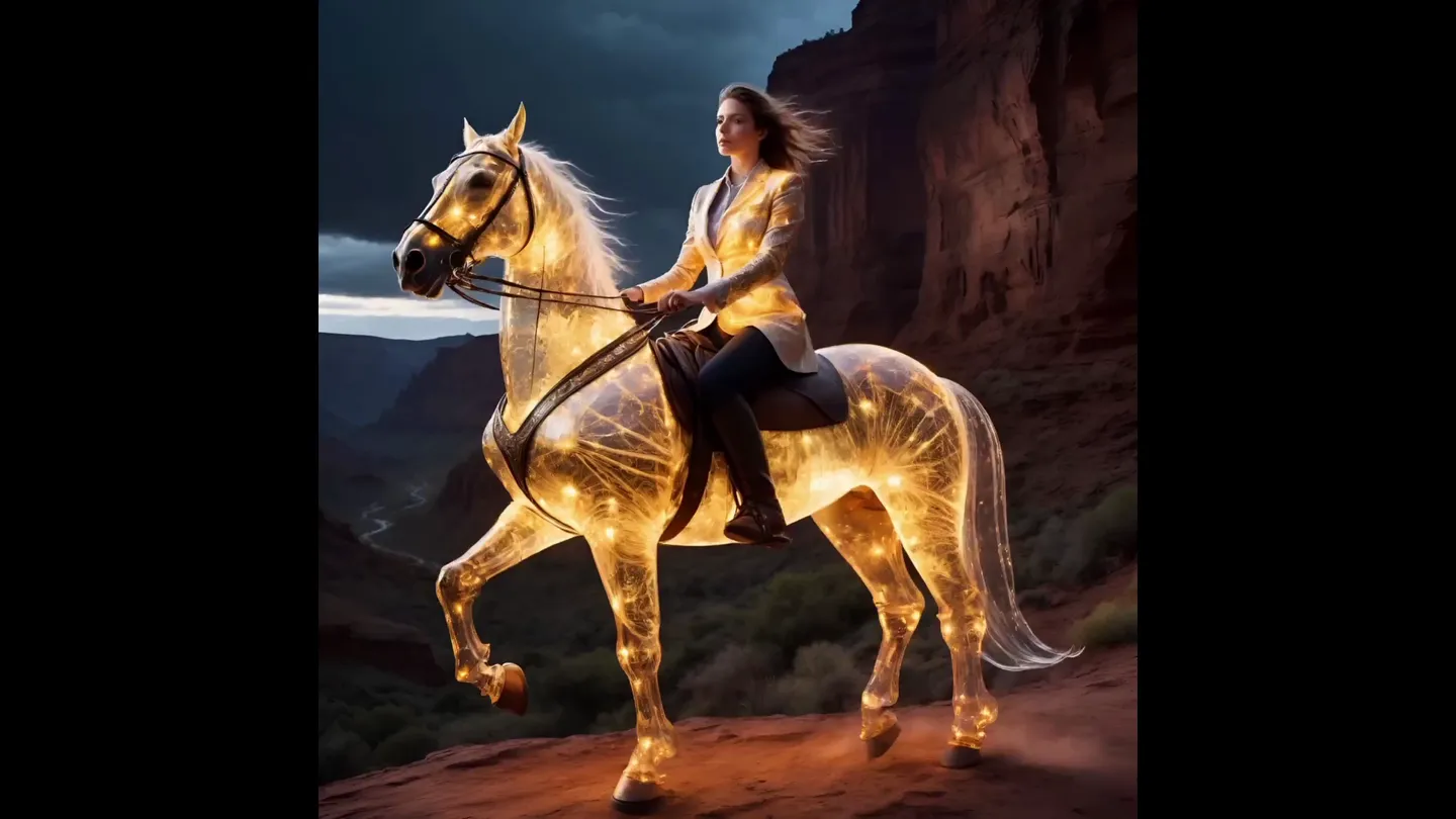 A glowing, illuminated horse with light patterns inside its body carries a rider wearing a gold jacket against a dark mountainous landscape at dusk.