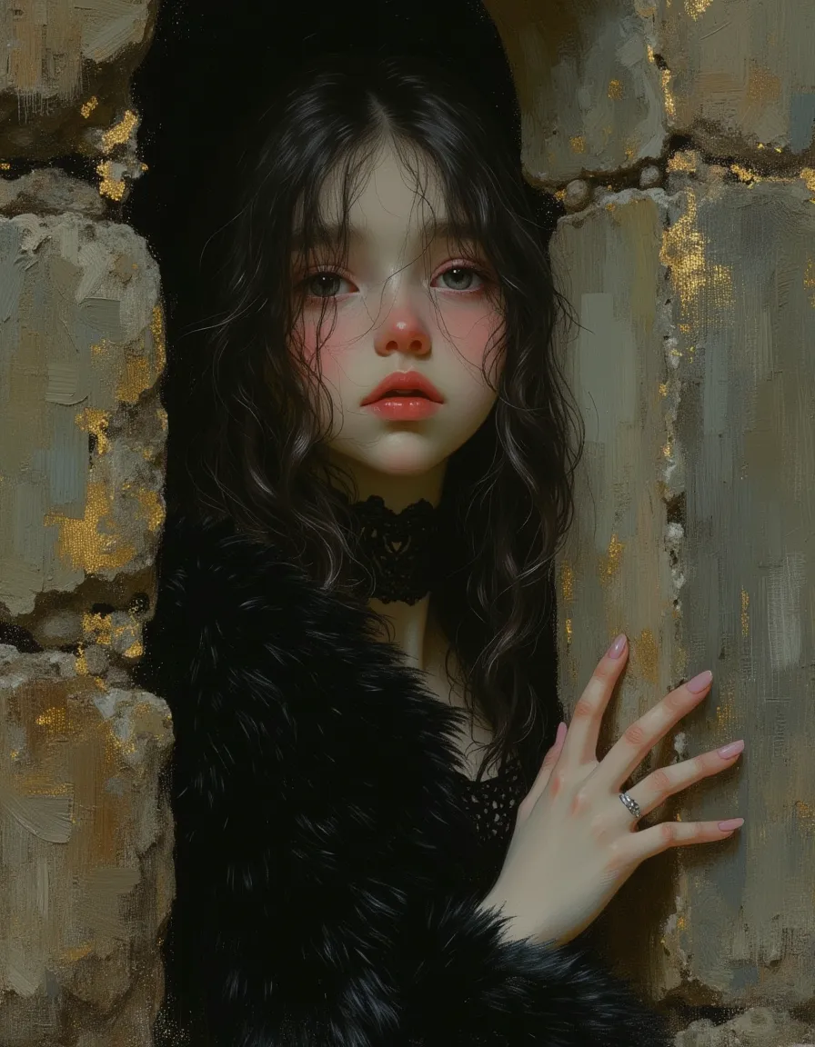 Soft whimsical digital painting of a sad gothic vampire princess with delicate features and intricate details, set against a castle stone background in a Rembrandt style.