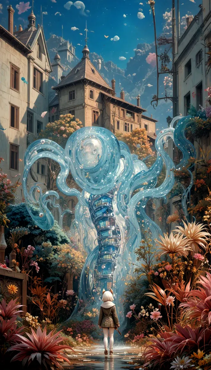 A mysterious fantasy creature composed of translucent water-like tentacles rises in a floral-filled town square with old buildings and a person facing it.