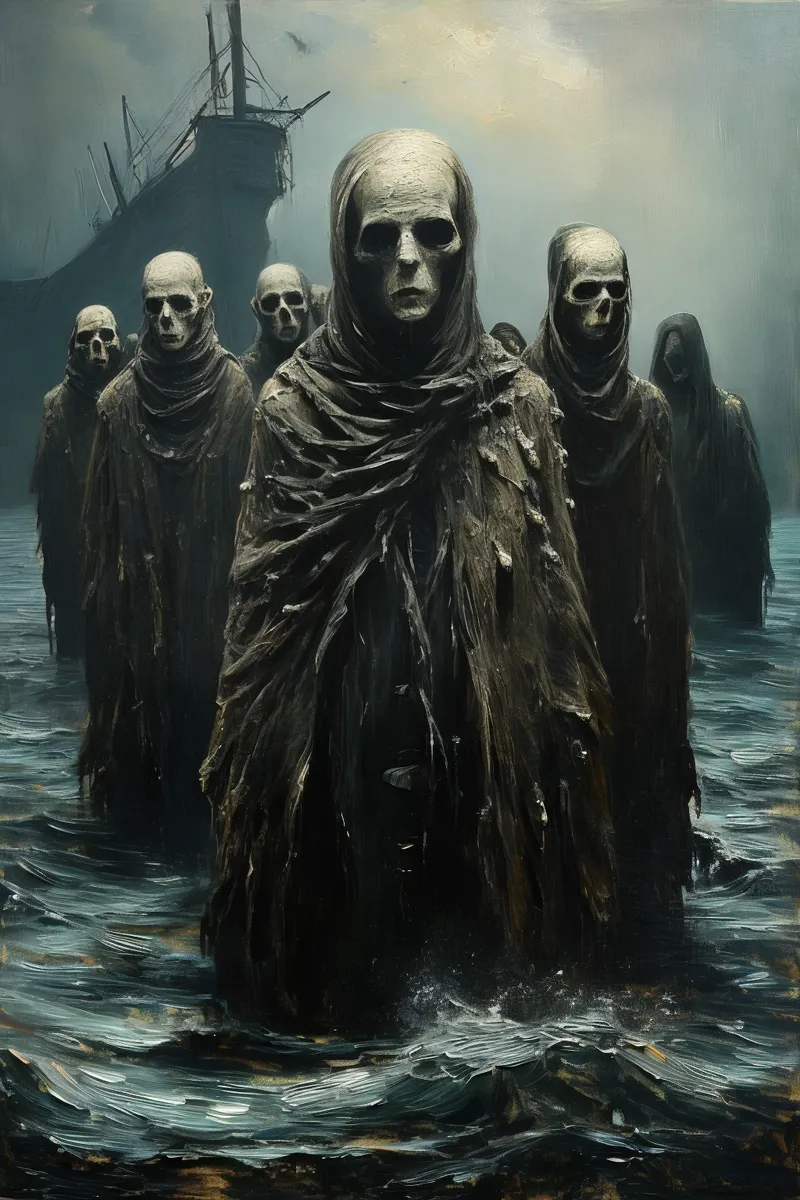 Pale skeletal figures with stone-like skin emerging from choppy dark water, wearing tattered cloaks, set against a misty, overcast sky with a derelict ship silhouette.
