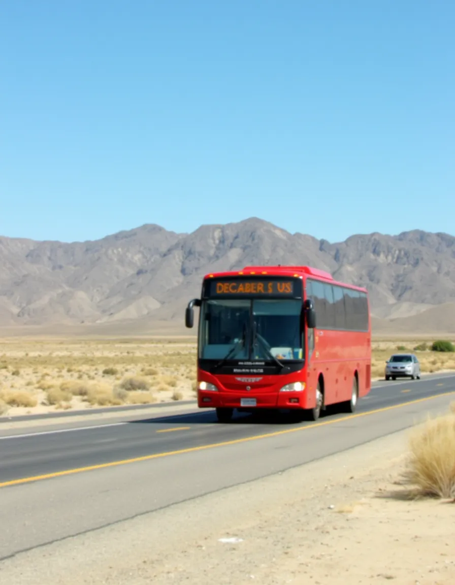 Red bus driving along a desert highway with mountains in the background under a clear blue sky