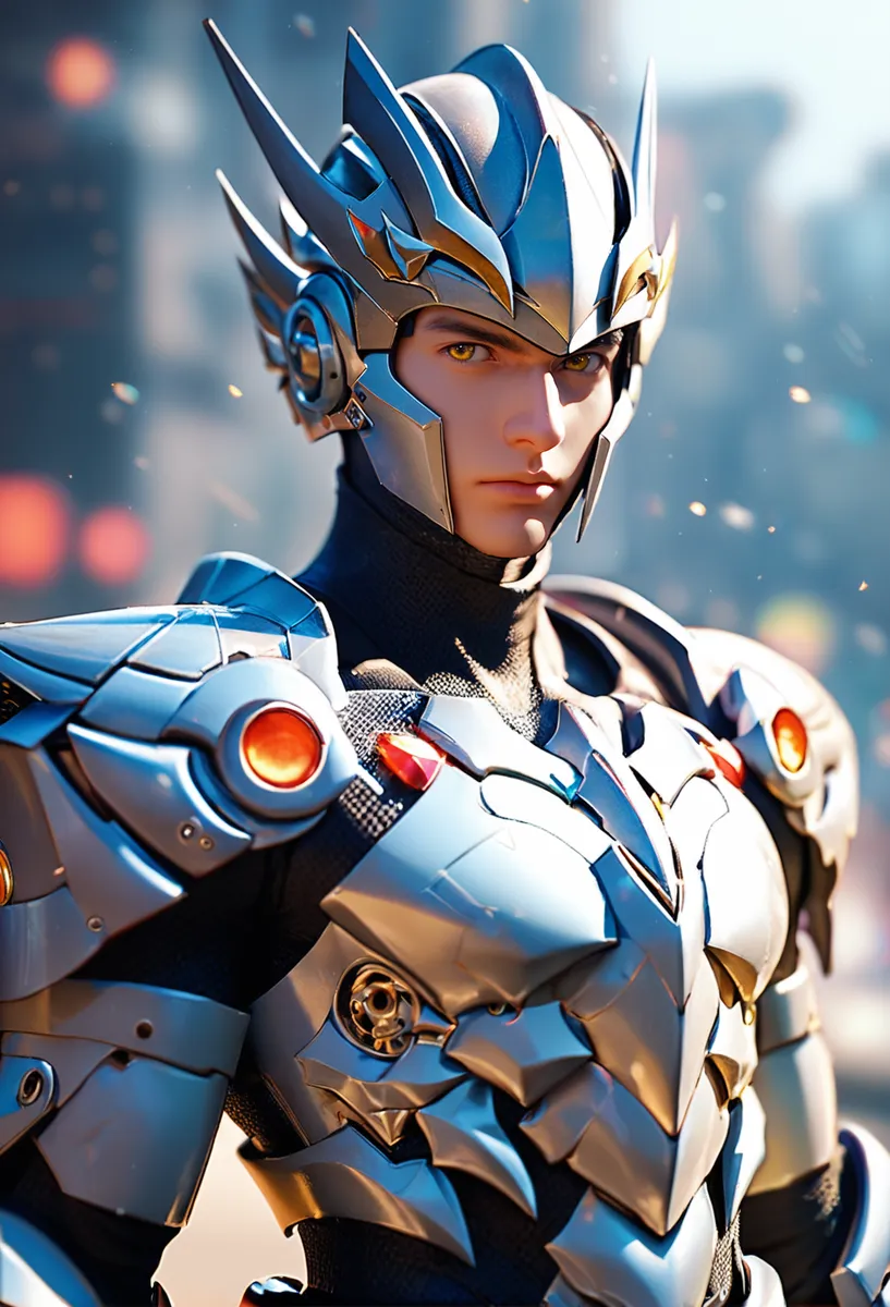 Personnage masculin style anime 3D portant une armure puissante de science-fiction détaillée avec casque, yeux jaunes, et un arrière-plan urbain flou.