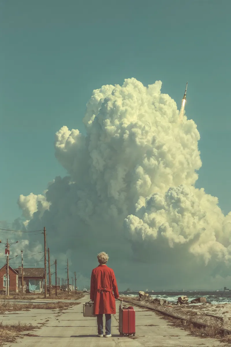 A person wearing a red coat stands on a coastal road with two suitcases, watching a rocket launch that creates a massive, towering cloud of smoke against a clear sky.