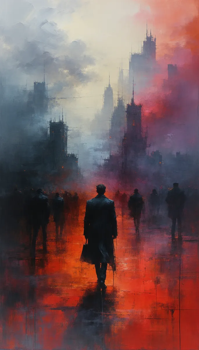 A silhouetted figure walks through a sprawling cityscape shrouded in dramatic chiaroscuro lighting and atmospheric clouds, rendered in deep grayscale and red earth tones.