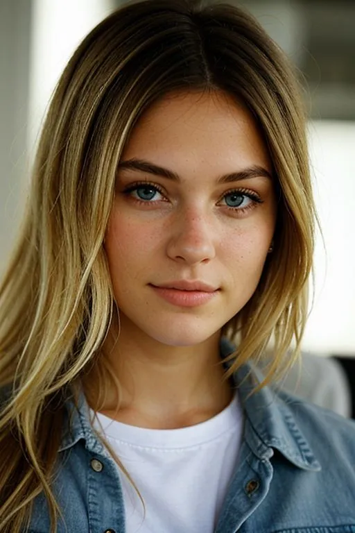 Close-up portrait of a blonde girl with blue eyes, light contrast, and distinct hard shadows, wearing a denim shirt over a white top.