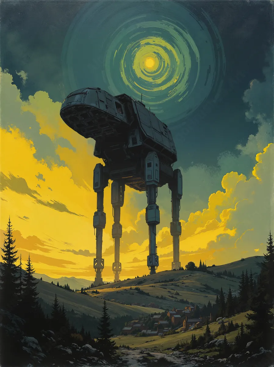 Low-angle view of a towering Martian war machine with four legs, dark metallic body silhouetted against a swirling, vibrant twilight sky, above a quiet English village and rolling hills.