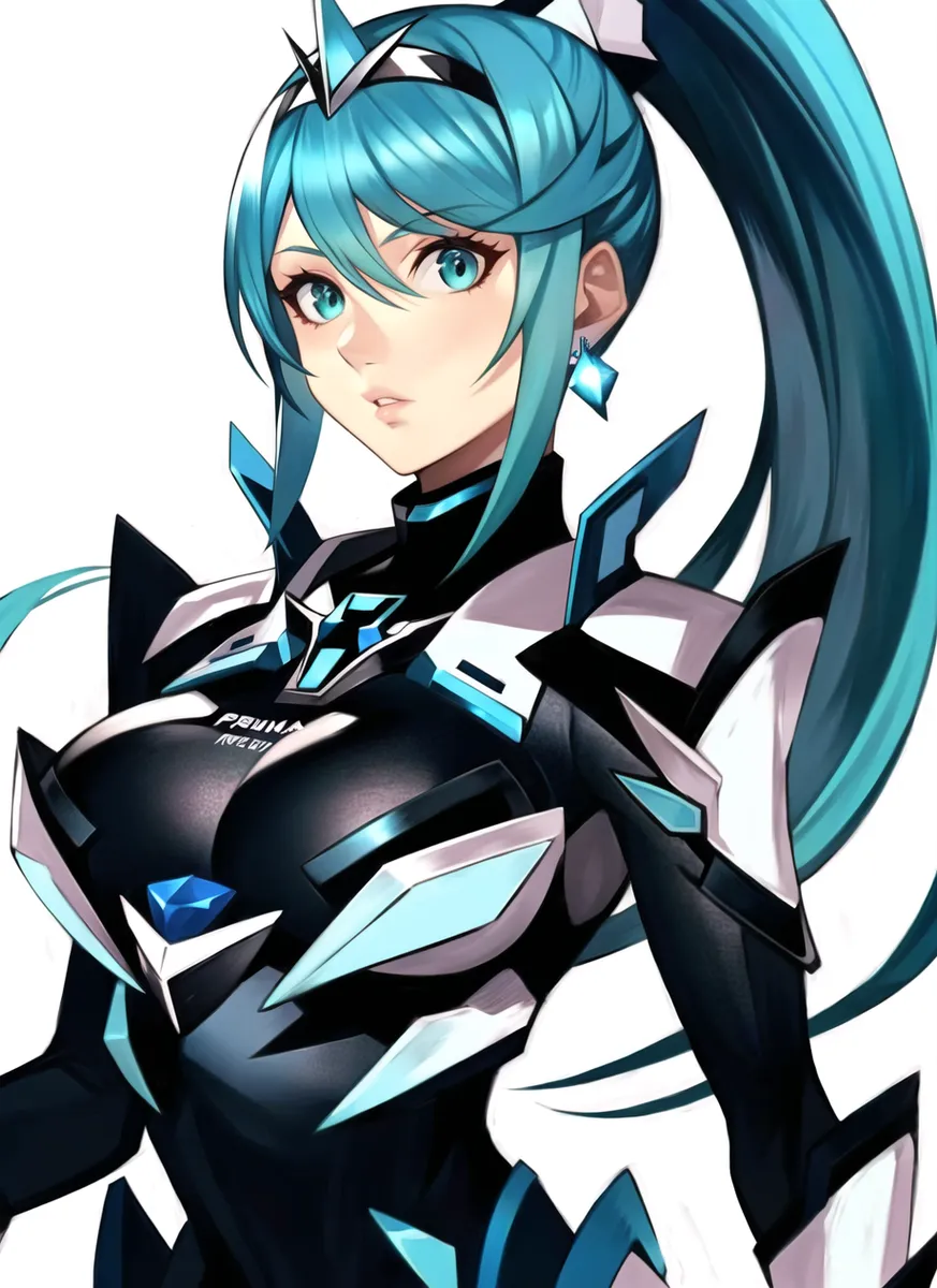 Pneuma from Xenoblade wearing a black and white armor bodysuit with blue and silver accents, long turquoise ponytail, green eyes, a tiara, and jewelry.