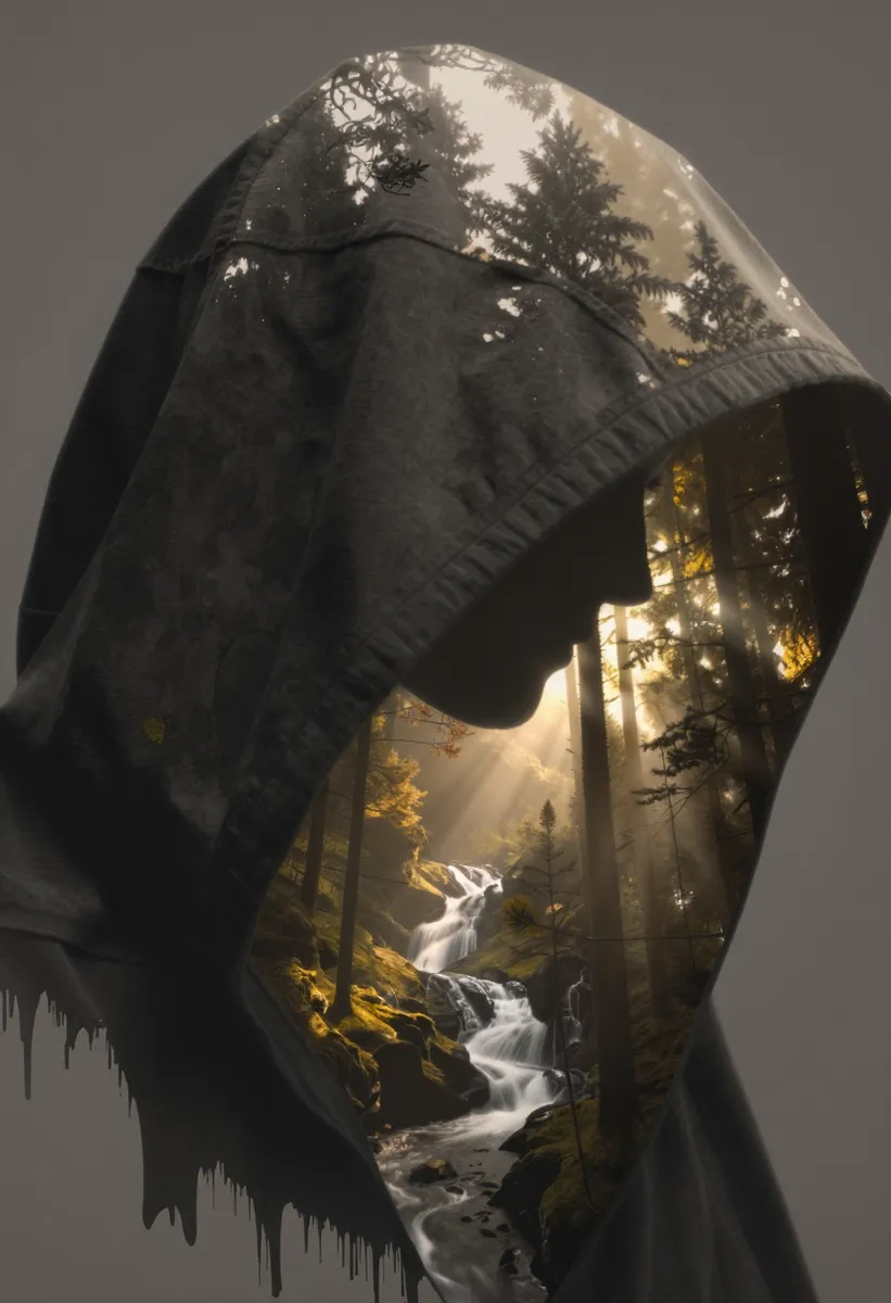 Double exposure of hooded figure silhouette blending with a forested landscape featuring a winding river and cascading waterfalls illuminated by golden sunlight.