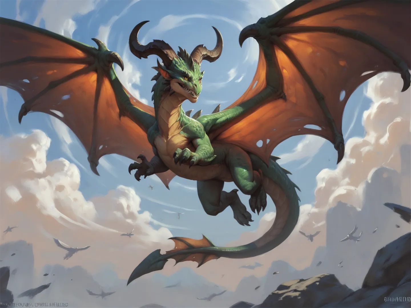 Green dragon with orange wings and large horns flying through a cloudy sky with yellow eyes and a long tail