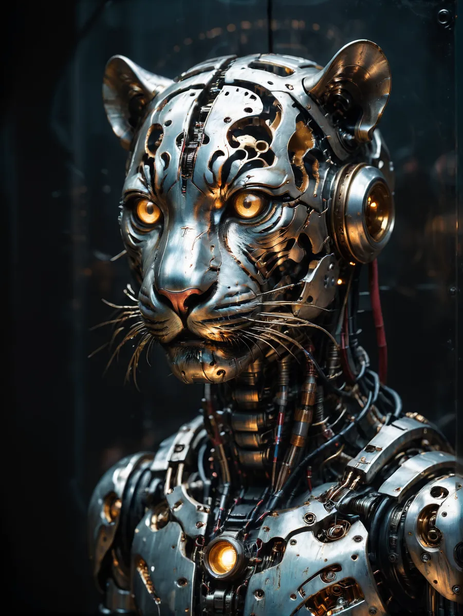 Close-up of a photorealistic robot tiger head and upper torso with intricate mechanical and metallic parts, glowing amber eyes, and cables.