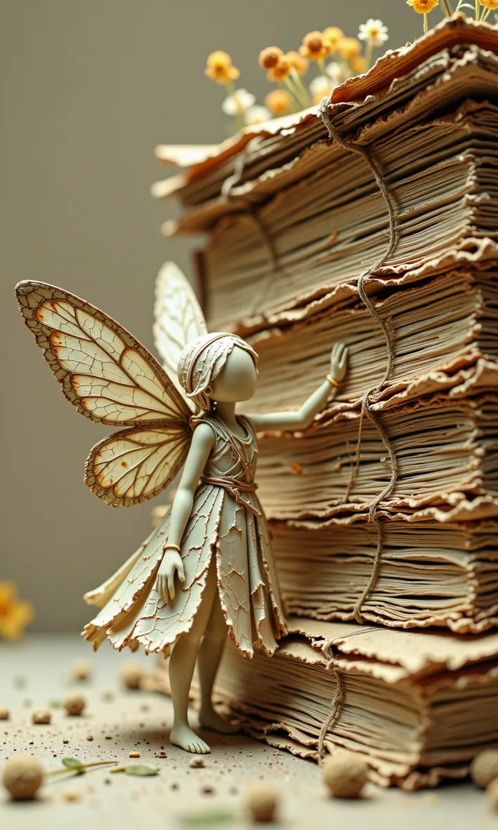 A porcelain-smooth tiny fairy with delicate folded wings stands next to a tall, tied stack of aged book pages rendered in a subdued sepia palette with soft light.