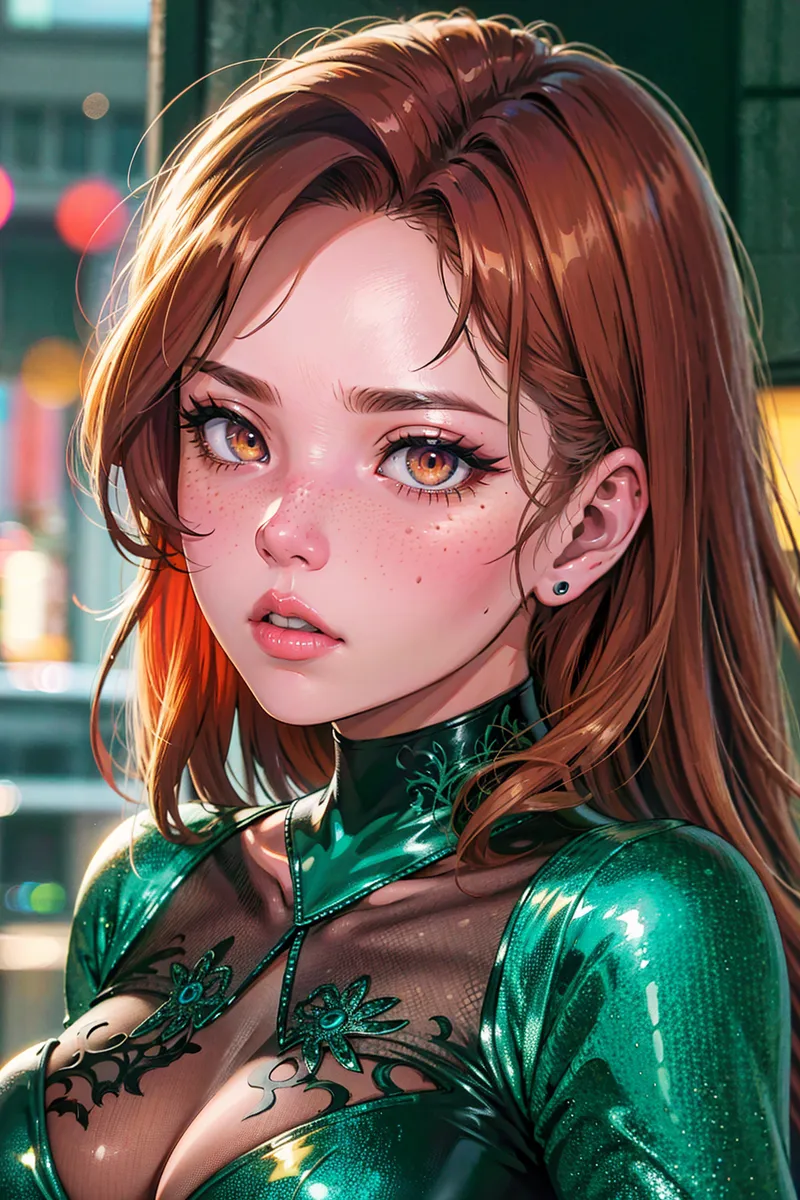Retrato em close de uma mulher madura com cabelo auburn ondulado, olhos púrpura-amarelos, sardas, batom brilhante e roupas metálicas verdes detalhadas.
