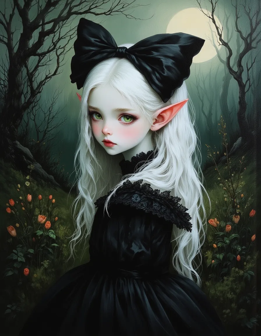 Close-up portrait of a pale elf princess with long platinum hair adorned by a large black bow, wearing a black gothic dress, standing in a moonlit enchanted forest with bioluminescent flowers and twisted trees.