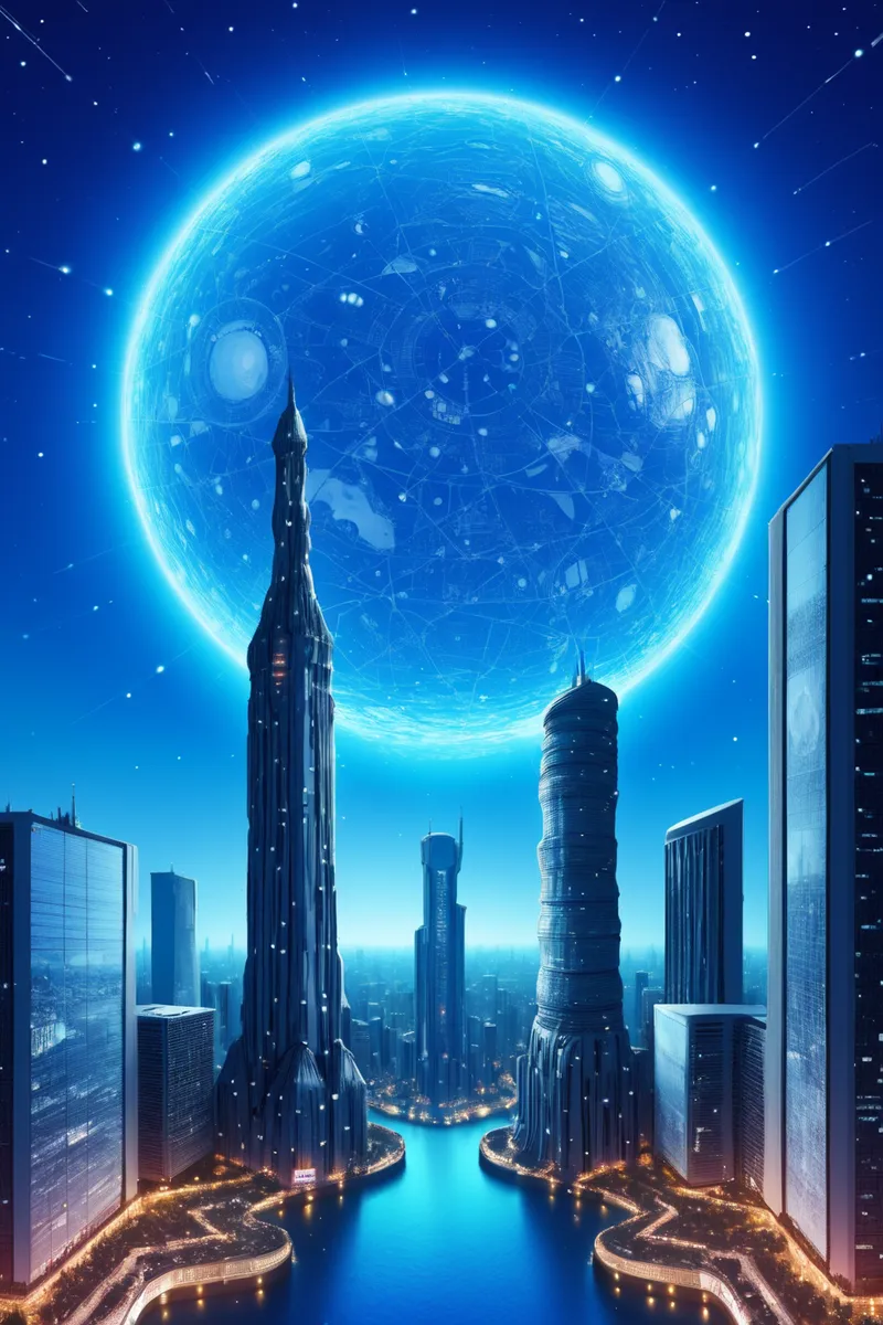 Futuristic City with Towering Skyscrapers and Blue Moon - AI Image ...