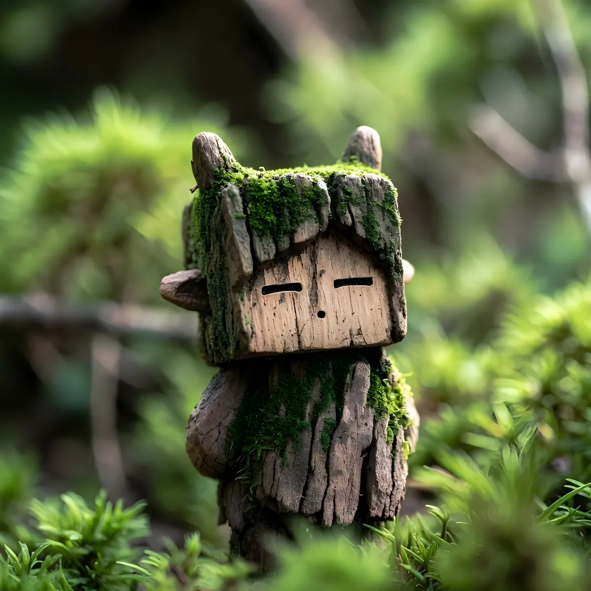 Eine kleine Holzgeistfigur mit quadratischer, blockiger Form, bedeckt mit grünem Moos, die zwischen üppigem Waldgrün steht.