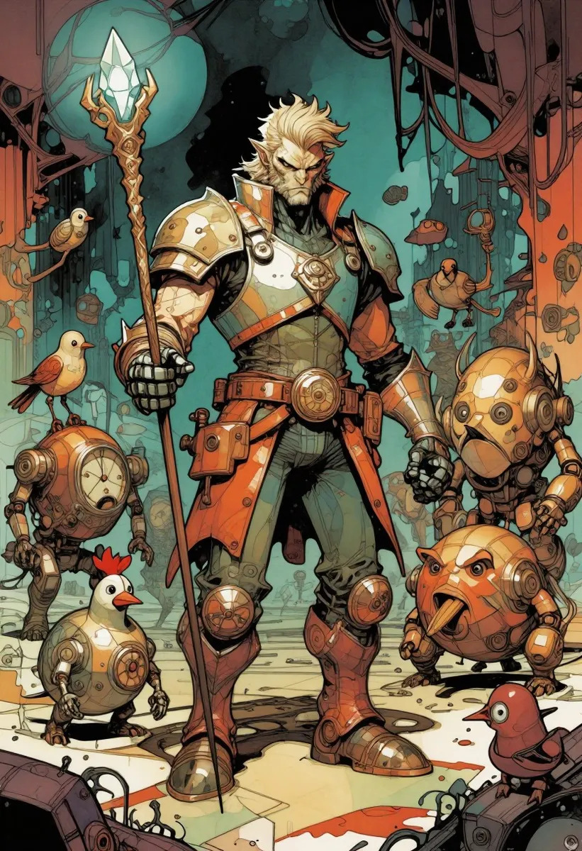 A tall Beastmaster figure dressed in patchwork metal and leather armor holding a staff topped with a glowing crystal, surrounded by various mechanical beasts including clockwork birds and bulky golems, illustrated in dark fantasy style with bold ink outlines and vibrant colors.