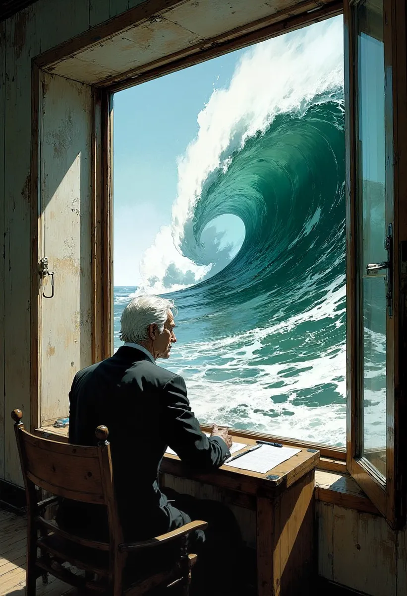 Man in dark suit with white hair sitting at wooden desk inside dimly lit room, looking out through large window at a monumental, cresting stormy ocean wave.