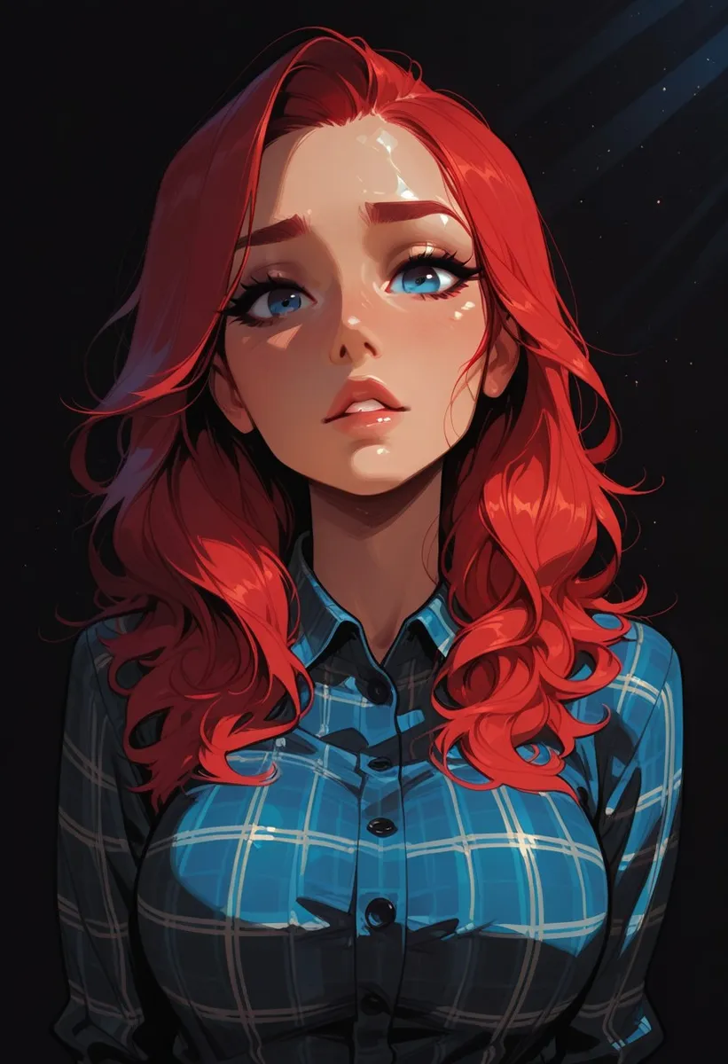Portrait of a young woman with long red hair, blue eyes, and a blue plaid shirt, illuminated by cinematic lighting with shiny skin and dynamic angle.