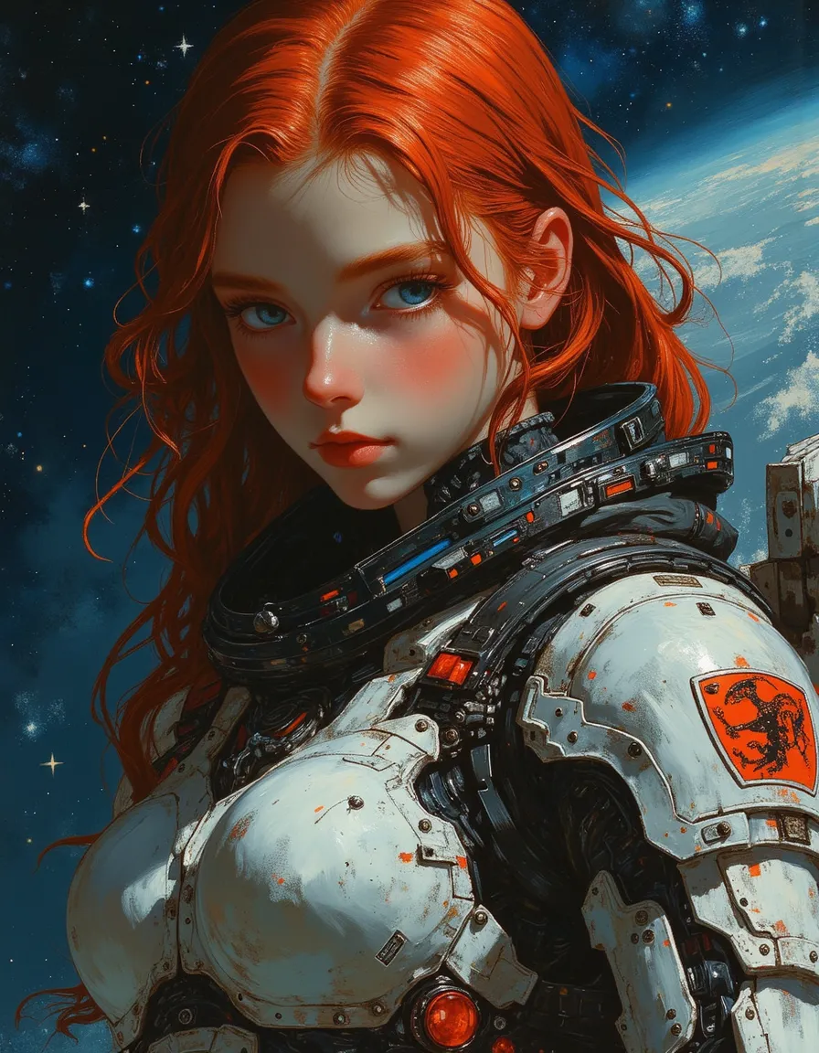 Hyper-realistic half-body portrait of a heroic tween female space pilot with red hair and intense blue eyes, wearing a detailed high-tech spacesuit, set against a space backdrop with stars and Earth.