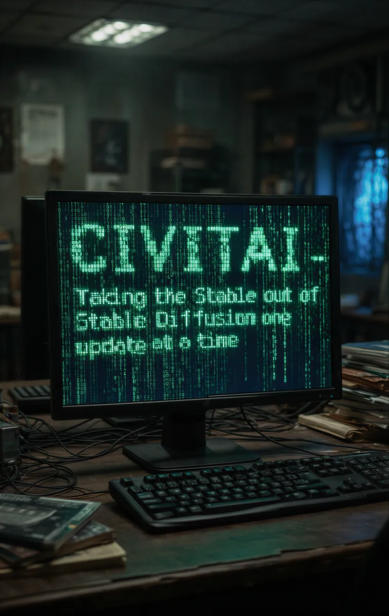 Monitor screen in a dark computer lab displaying matrix style text reading 'CIVITAI - Taking the Stable out of Stable Diffusion one update at a time' with retro green code raining down.