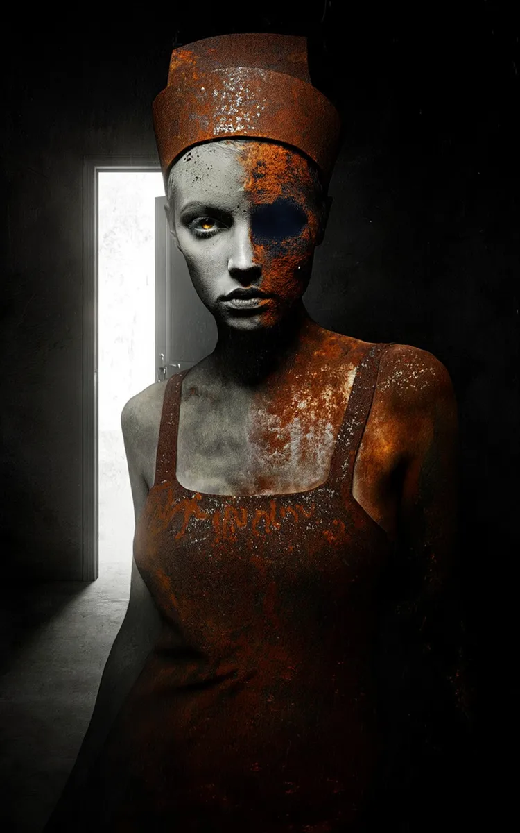 Close-up of a nurse with a face half human and half rust, wearing a rusted nurse cap and uniform, standing in a dark room with a bright door behind.