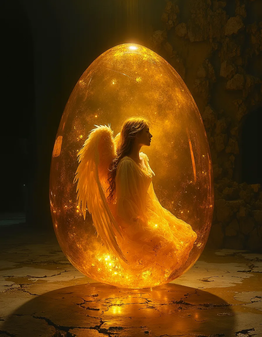Un uovo d'ambra luminoso che contiene un angelo sereno con ali di oro bianco, fluttuante in una caverna fioca con luce dorata calda e riflessi dettagliati.