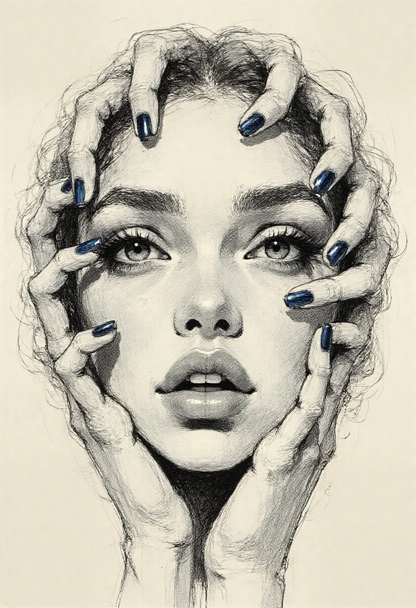 Hyper-realistic portrait of a face compressed inward by multiple overlapping hands with blue nail polish, detailed eyes and lips, created using colored pen strokes and crosshatching on a neutral background.
